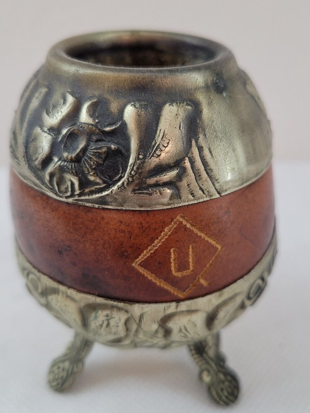 Vintage Argentine Yerba Mate Gourd Cup Metal Trim MF Ind Arg Art Deco